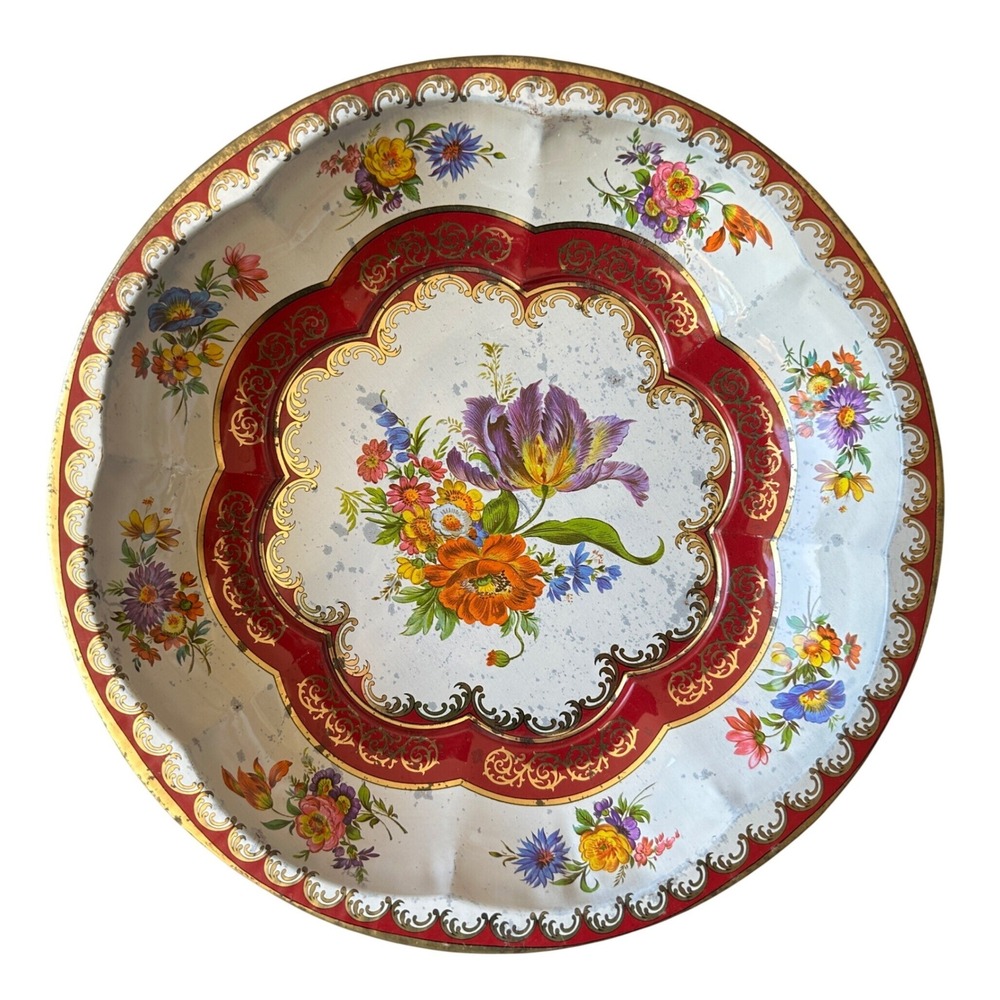 Vintage Daher Floral Scalloped Tin Serving Tray Red Gold Filigree Round Bowl